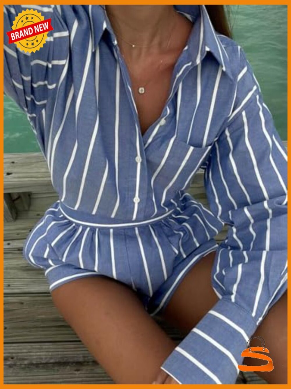 2 Piece Striped Long Sleeve Button Down Shirt Shorts Set - Picture 3 of 7
